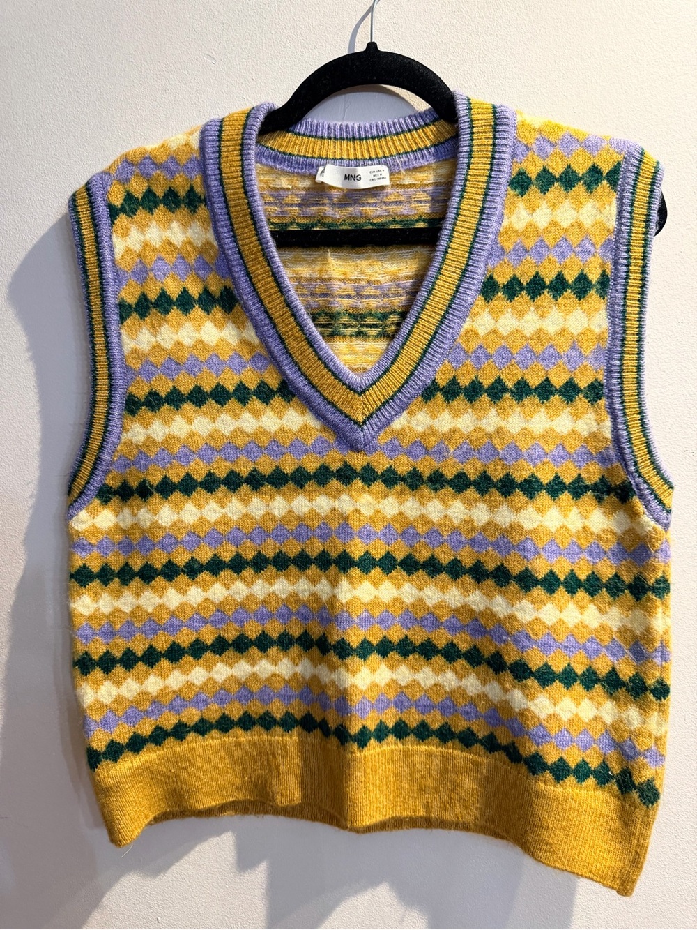 Mango Men's Yellow V-Neck Argyle Knit Vest with Purple and Green Accents
